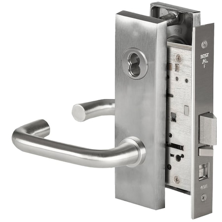 Best Grade 1 Office Mortise Lock, 3 Lever, M Escutcheon, SFIC Housing Less Core, Satin Chrome Finish, Fie 45H7A3M626